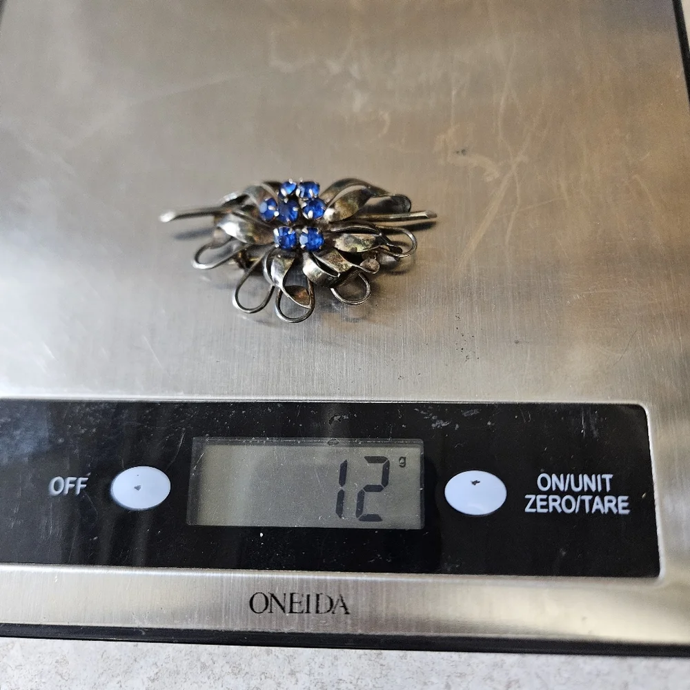 Vintage‎ Sterling Silver Brooch Blue Stones Retro Patina
